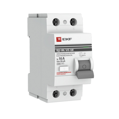 УЗО EKF ВД-100 (elcb-2-16-30-em-pro) 16А 30 мА 2P тип AC 4,5 кА