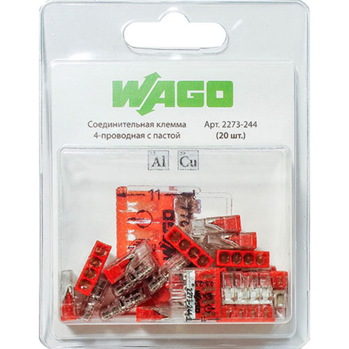 Клемма на 4 провода Wago 2273-244 0,5-2,5 кв. мм самозажимная с пастой (20 шт.)