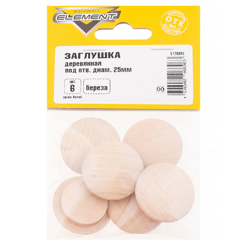 Заглушка декоративная деревянная d25 мм береза (6 шт.)