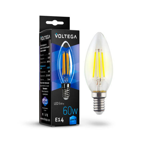 Светодиодная лампа Voltega CRYSTAL Свеча 6W 600Lm 4000K E14 7020