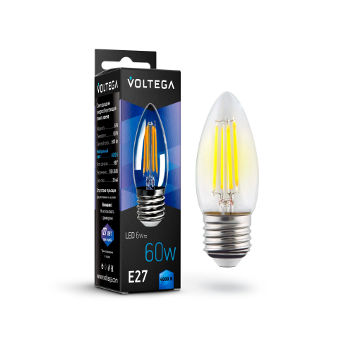 Светодиодная лампа Voltega CRYSTAL Свеча 6W 600Lm 4000K E27 7029