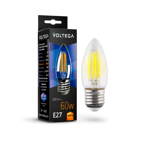 Светодиодная лампа Voltega CRYSTAL Свеча 6W 580Lm 2800K E27 7046