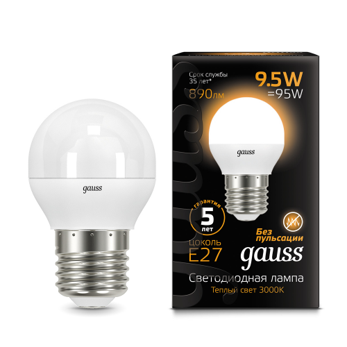 Светодиодная лампа Gauss Шар 9,5W 890Lm 3000K E27 105102110