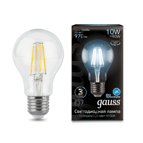 Светодиодная филаментная лампа Gauss A60 10W 970Lm 4100K E27 102802210