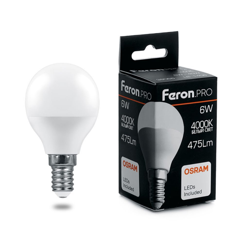 Светодиодная лампа Feron LB-1406 Шар 6W 475Lm 4000K E14 38066