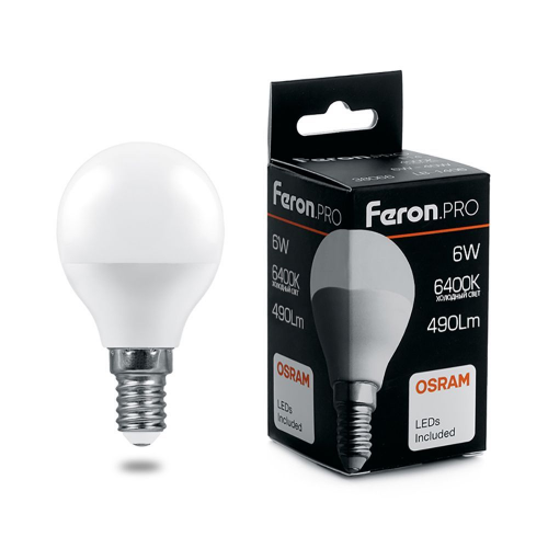 Светодиодная лампа Feron LB-1406 Шар 6W 490Lm 6400K E14 38067