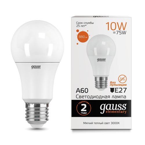 Светодиодная лампа Gauss A60 10W 880Lm 3000K E27 23210