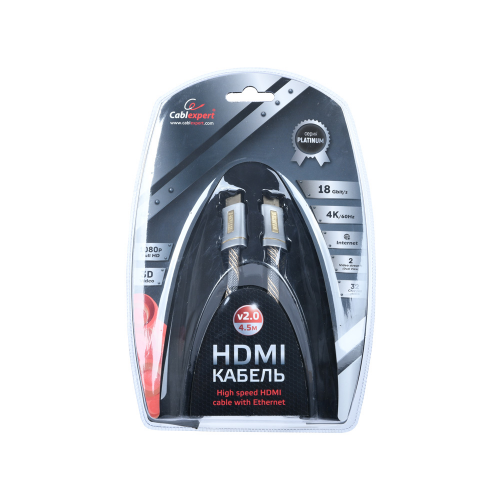 Кабель HDMI Cablexpert, серия Platinum, 4,5 м, v2.0, M/M, позол.разъемы, серебристый метал. корпус,