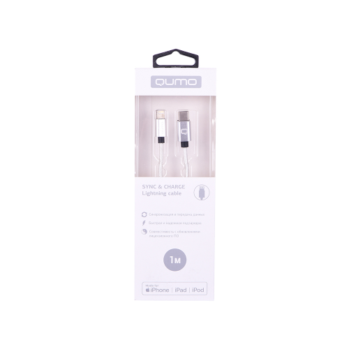 Кабель Qumo, MFI С48, Type-С-Apple 8 pin, 1м, 5В, 2,4A, 12Вт, опл. нейлон, кон металл, серебро