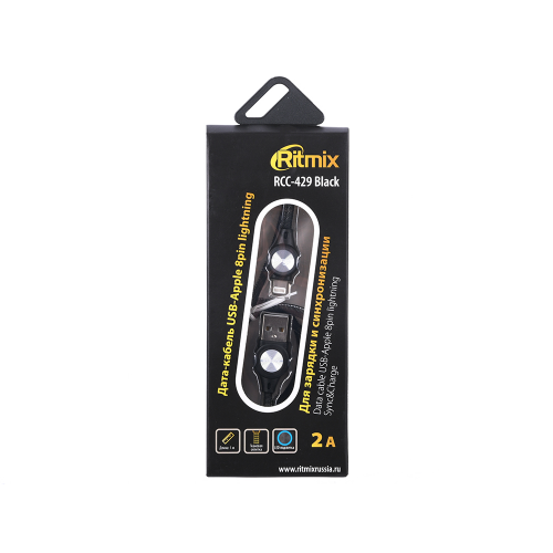 Кабель Lightning Ritmix RCC-429 Black, 1м тканевая оплетка, 2A, LED подсветка