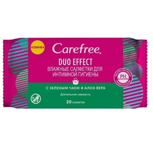 Carefree Салфетки Duo Effect Влажные для Интимной Гигиены с Зеленым Чаем и Алоэ Вера, 20 шт