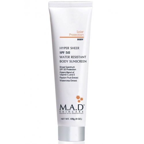 M.A.D SkinCare Лосьон Hyper Sheer SPF 50 water Resistant Body Lotion для Тела Водооталкивающий Защитный SPF 50, 120 мл