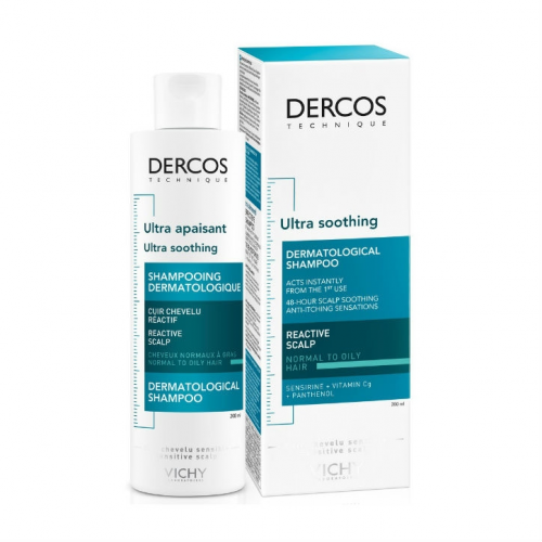 VICHY Шампунь Dercos Ultra Успокаивающий без Сульфатов для Чувствительной Кожи Головы, для Нормальных и Жирных Волос, 200 мл