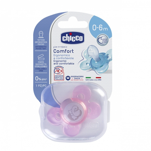 CHICCO Пустышка Physio Comfort, 1 шт., 0-6 мес.+ Силикон, "Белочка"