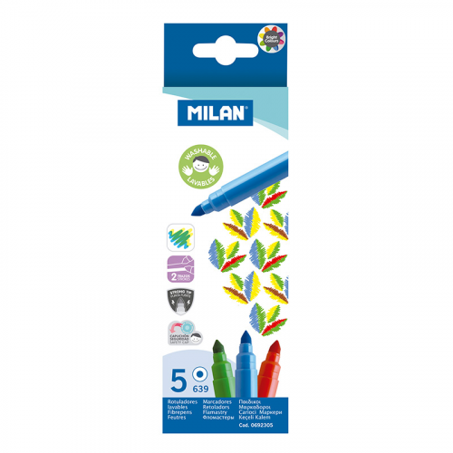 Набор фломастеров MILAN 5 цв, на водной основе легкосмываемые, в картонной упаковке Milan M-0692305