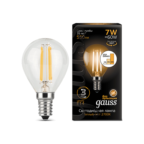 Лампа GAUSS LED Filament Шар E14 7W 550lm 2700K step dimmable 1/10/50 105801107-S