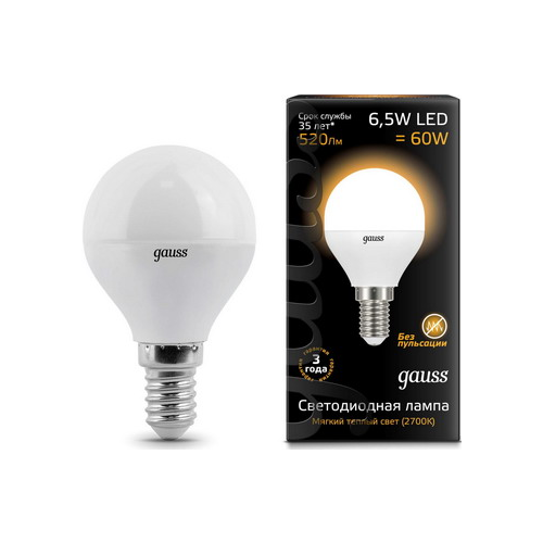 Лампа GAUSS LED Шар E14 6.5W 520lm 3000K 105101107 Упаковка 10шт