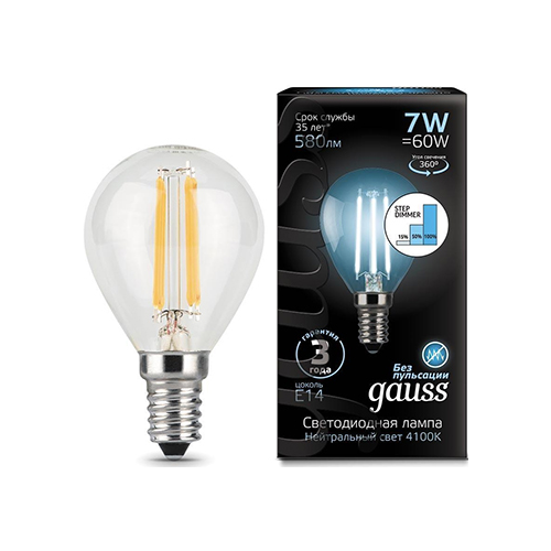Лампа GAUSS LED Filament Шар E14 7W 580lm 4100K step dimmable 1/10/50 105801207-S