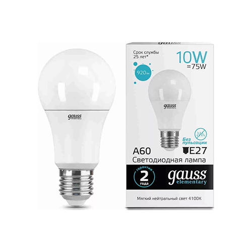 Лампа GAUSS LED Elementary A 60 10 W E 27 920 lm 4100 K 1/10/50 23220