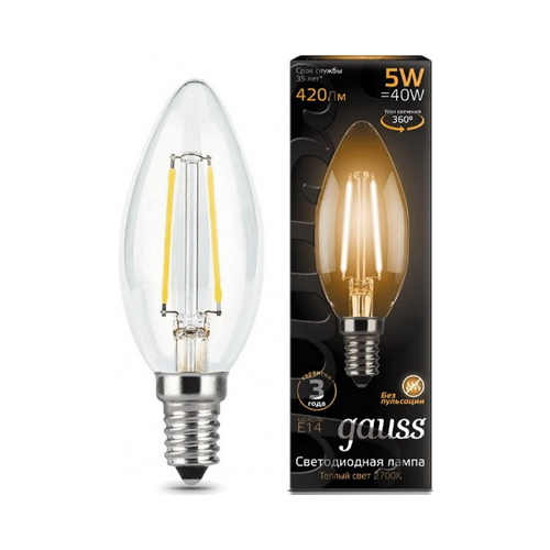 Лампа GAUSS LED Filament Свеча E14 5W 420lm 2700К 103801105 Упаковка 10шт