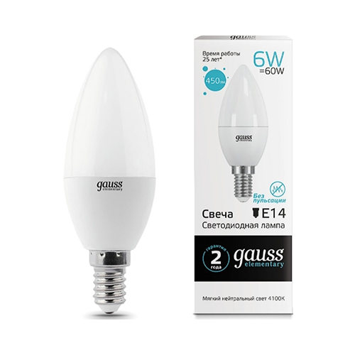 Лампа GAUSS LED Elementary Свеча 6W E14 450lm 4100K 1/10/100