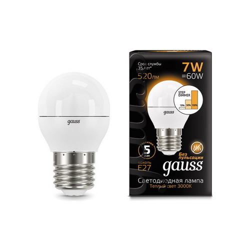 Лампа GAUSS LED Шар E27 7W 520lm 3000K step dimmable 105102107-S