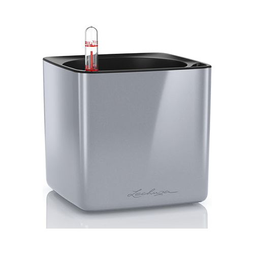 Настольное кашпо с автополивом Lechuza CUBE Glossy 14 пластик серебряное Ш14 Д14 В14 см 13516