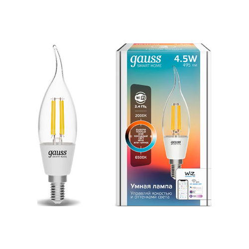 Светодиодная лампа GAUSS филаментная Gauss Smart Home DIM CCT E14 CF35 4 5 Вт 2000-6500 К