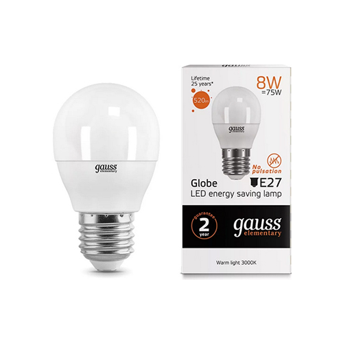 Лампа GAUSS LED Elementary Шар 8W E27 520lm 3000K 1/10/100 53218