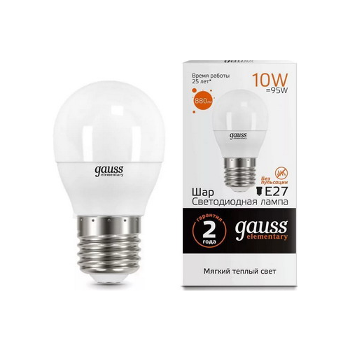 Лампа GAUSS LED Elementary Шар 10 W E 27 3000 K 53210
