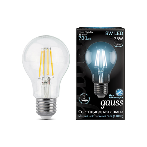 Лампа GAUSS LED Filament A 60 E 27 8W 780 lm 4100К 1/10/40 102802208