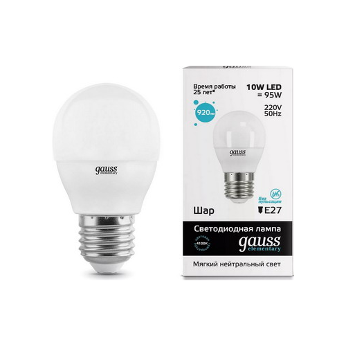 Лампа GAUSS LED Elementary Шар 10 W E 27 4100 K 53220
