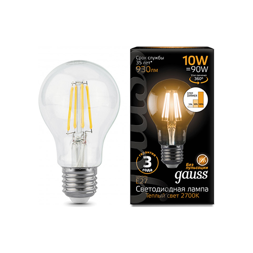 Лампа GAUSS LED Filament A60 E27 10W 930lm 2700К step dimmable 1/10/40 102802110-S
