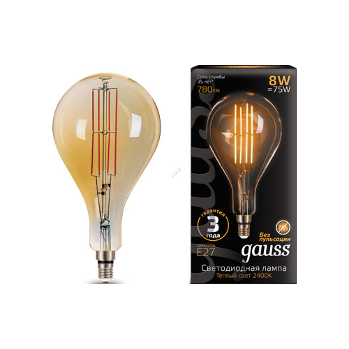 Лампа GAUSS LED Vintage Filament A160 8W E27 160*300mm Amber 780lm 2400K