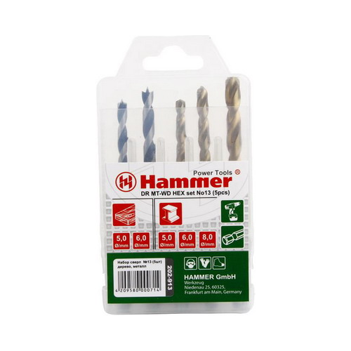 Сверло Hammer 202-913 DR set No 13 HEX 5-8mm металл дерево 5шт