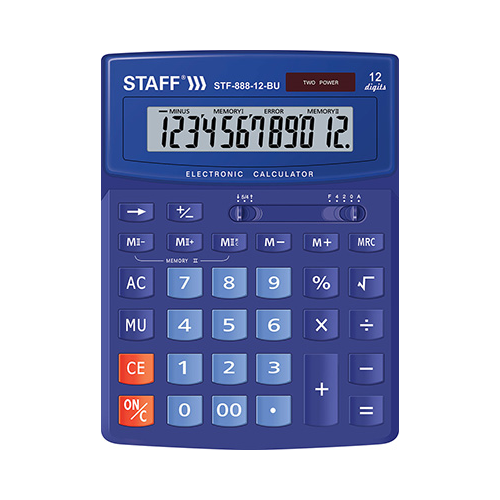 Калькулятор настольный Staff STF-888-12-BU (200х150мм) 12 разрядов двойное питание СИНИЙ 250455