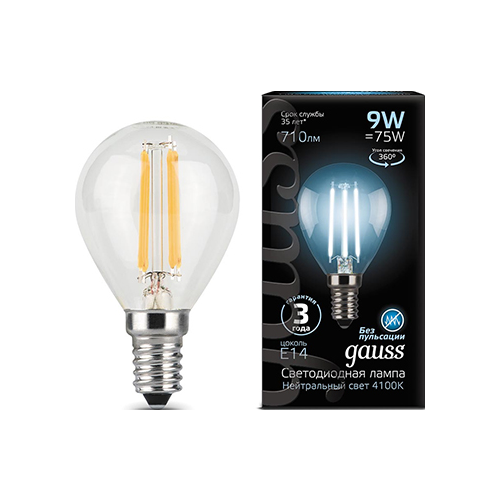 Лампа GAUSS LED Filament Шар E 14 9W 710 lm 4100 K 1/10/50 105801209