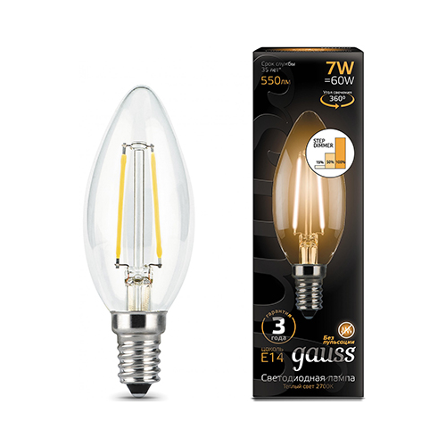 Лампа GAUSS LED Filament Свеча E14 7W 550lm 2700К step dimmable 1/10/50 103801107-S