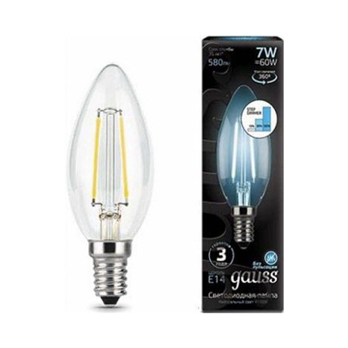 Лампа GAUSS LED Filament Свеча E14 7W 580lm 4100К step dimmable 1/10/50 103801207-S