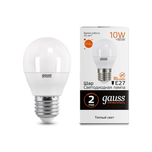 Лампа GAUSS LED Elementary Шар 10W E27 710lm 3000K 53210 Упаковка 10шт
