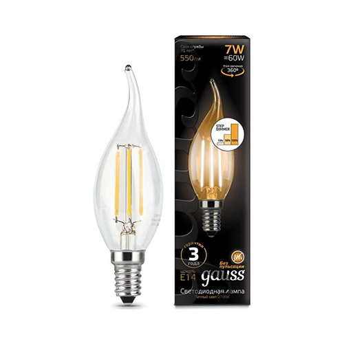 Лампа GAUSS LED Filament Свеча на ветру E14 7W 550lm 2700K step dimmable 1/10/50 104801107-S