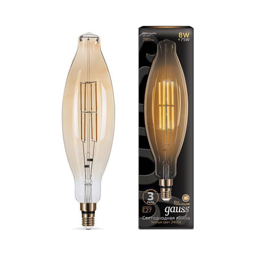 Лампа GAUSS LED Vintage Filament BT120 8W E27 120*420mm Amber 780lm 2400K