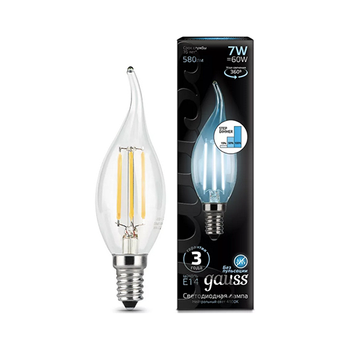 Лампа GAUSS LED Filament Свеча на ветру E14 7W 580lm 4100K step dimmable 1/10/50 104801207-S