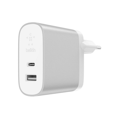 Сетевое зарядное устройство Belkin 1xUSB-C 27Вт PD. 1xUSB 12Вт серебристый (F7U061vf-SLV)