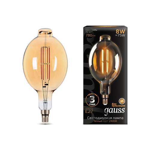 Лампа GAUSS LED Vintage Filament BT180 8W E27 180*360mm Amber 780lm 2400K