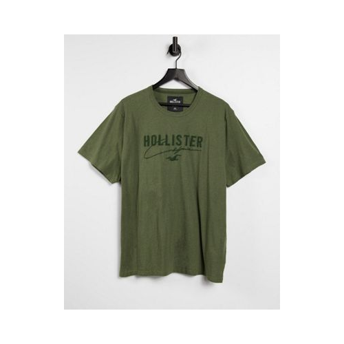 Меланжевая однотонная футболка оливкового цвета из технологичного материала с логотипом Hollister-Зеленый