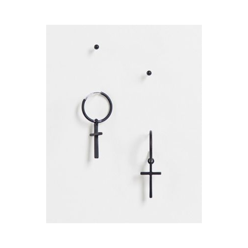 Набор из 2 пар черных матовых серег-гвоздиков и серег-колец с подвесками-крестиками ASOS DESIGN