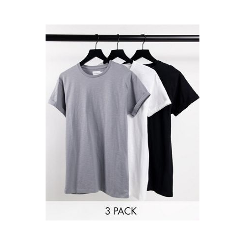 Набор из 3 футболок зауженного кроя с отворотами на рукавах черного, серого и белого цвета Topman Разноцветный