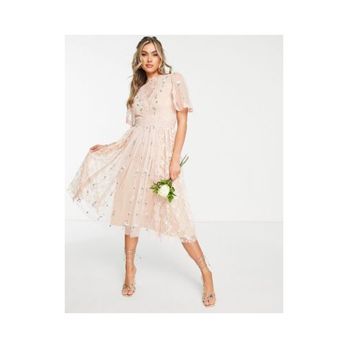 Нежно-розовое платье миди для подружки невесты с цветочным принтом Frock and Frill-Розовый
