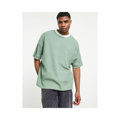 Oversized-футболка цвета хаки с вафельной текстурой и контрастным кантом ASOS DESIGN-Зеленый